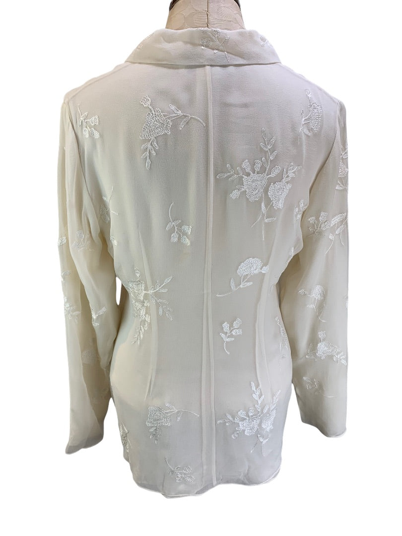 10 Jones New York Silk Ivory Embroidered Lined Blouse Women's Button Up