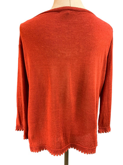 Small J.Crew Women's 100% Linen Sweater Reddish Orange G5362 Pom Pom Trim