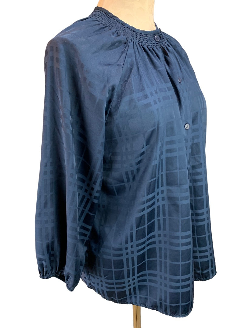 Medium Tucker for Target Navy Blue Women's Satin Plaid 3/4 Sleeve Blouse