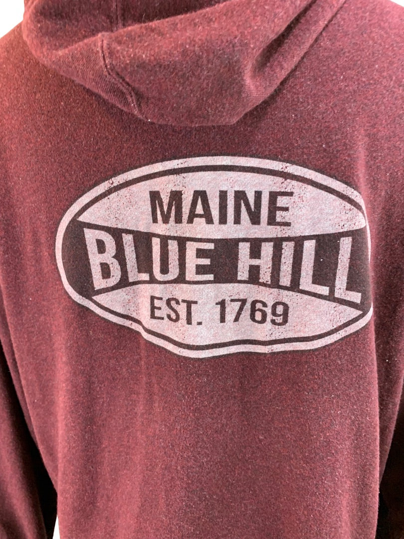 Medium "Maine Blue Hill" Women's Merlot Zip Up Hoodie Distressed Look