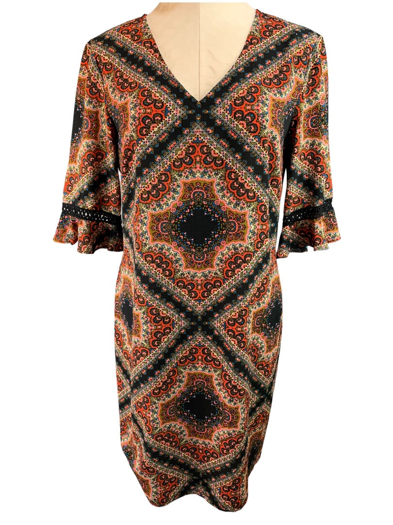 Medium MSK Women's Retro Print Pullover Shift Dress V-Neck Slightly Sheer Bell Sleeve