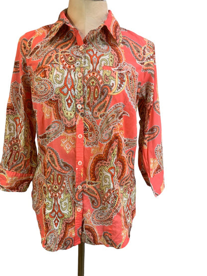 Medium Van Heusen Women's Coral Paisley Button Up 3/4 Sleeve Blouse