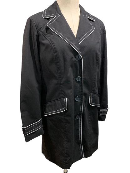 Medium Dennis by Dennis Basso Women's Black Trench Coat Jacket Scarf White Piping