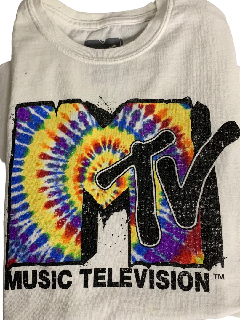 Small MTV Adult Unixex Tshirt Tie Dye Graffiti Logo White Short Sleeve