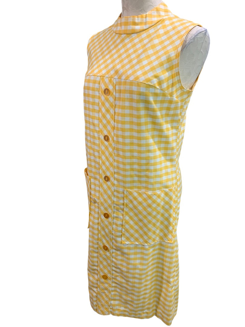 Day Dress Yellow Gingham 1960s House Dress Pockets Sleeveless