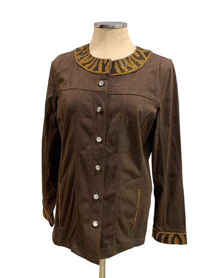 Small Quacker Factory Women's Brown Embellished Neckline Button Up Jacket New