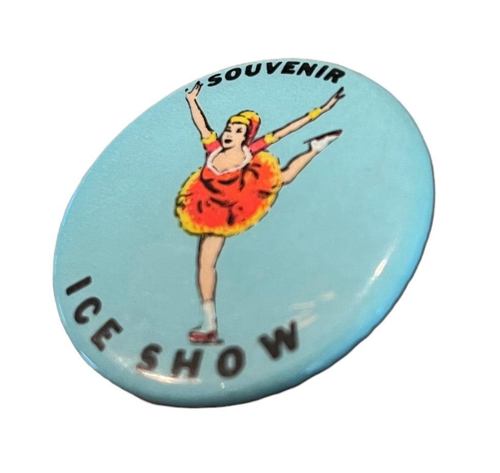 Vintage 1950s Souvenir Extended Pinback Ice Show Ice Skater Blue 1.75" Diameter