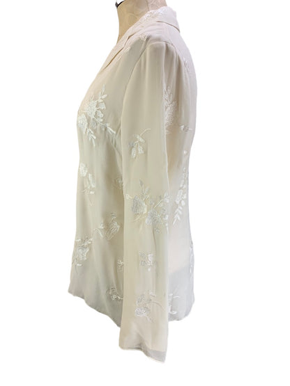 10 Jones New York Silk Ivory Embroidered Lined Blouse Women's Button Up