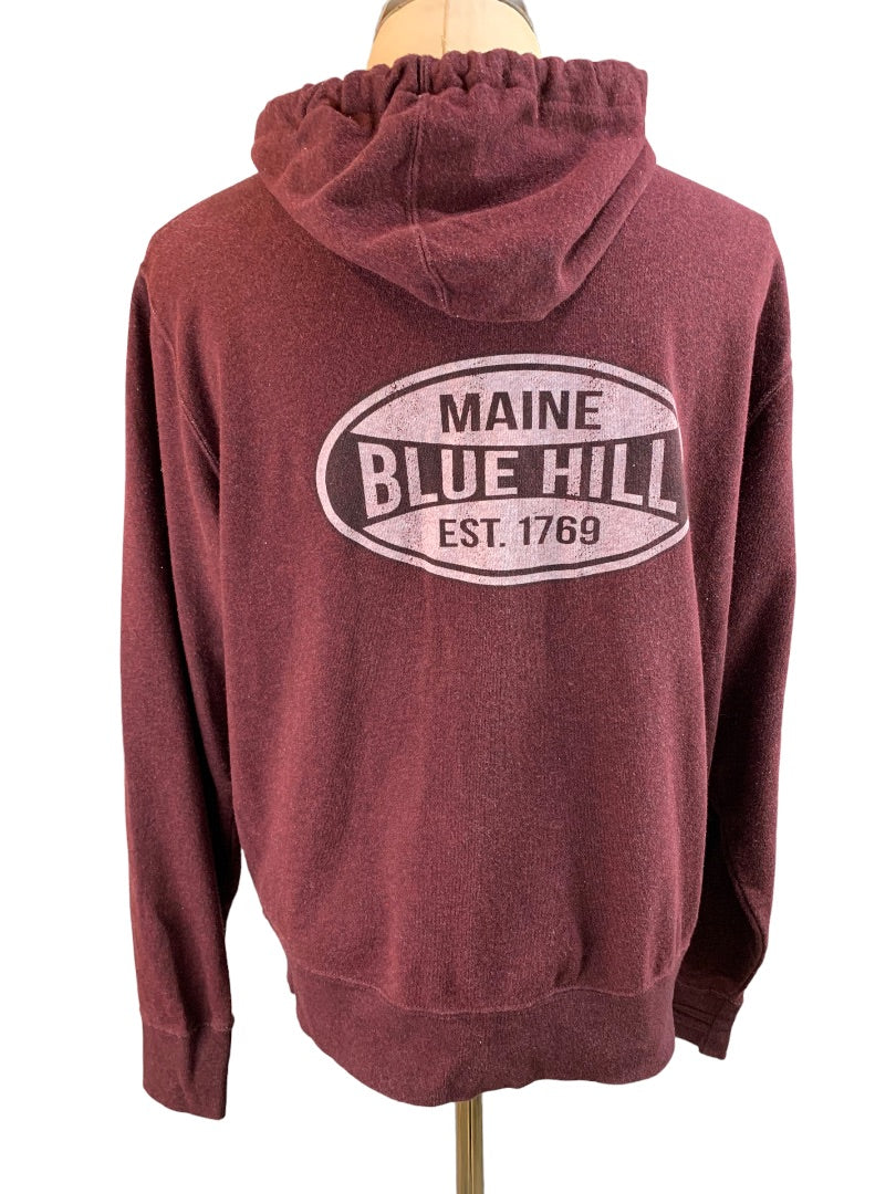 Medium "Maine Blue Hill" Women's Merlot Zip Up Hoodie Distressed Look