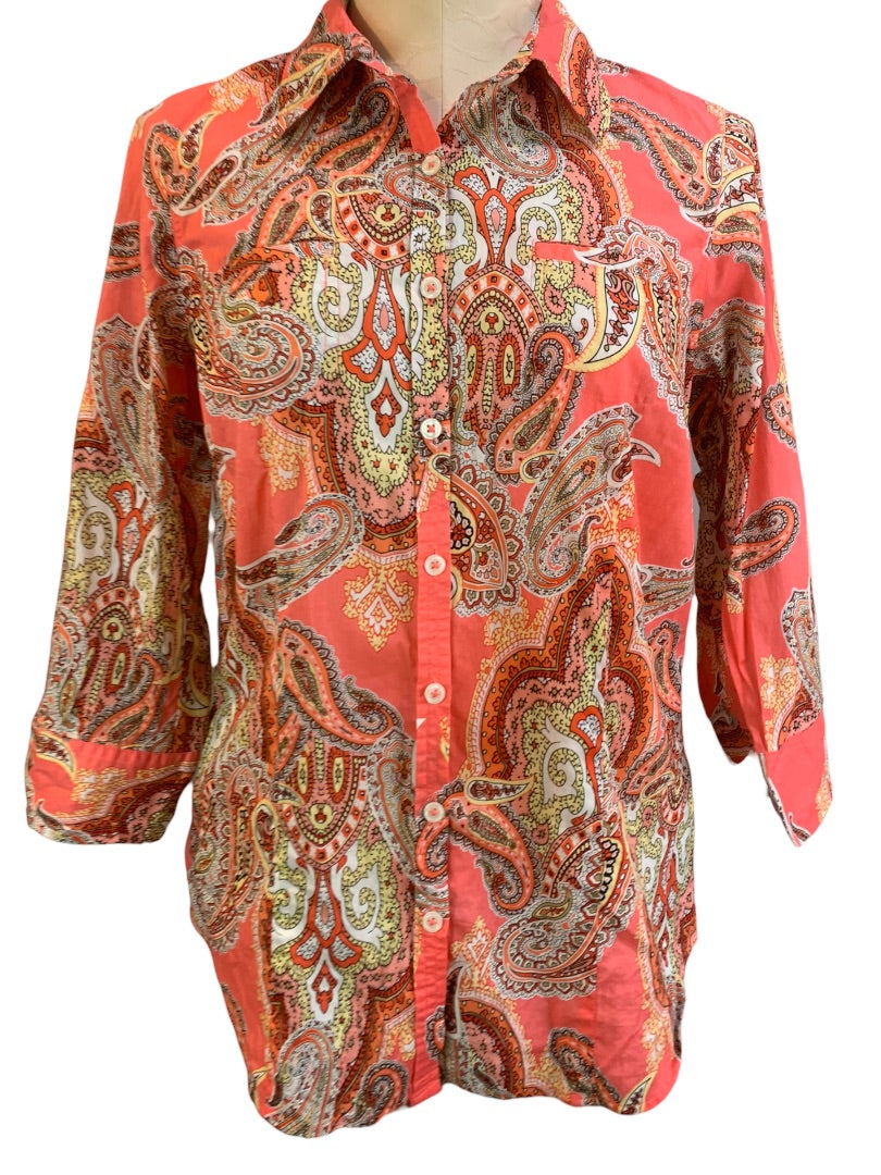 Medium Van Heusen Women's Coral Paisley Button Up 3/4 Sleeve Blouse