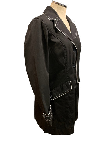 Medium Dennis by Dennis Basso Women's Black Trench Coat Jacket Scarf White Piping