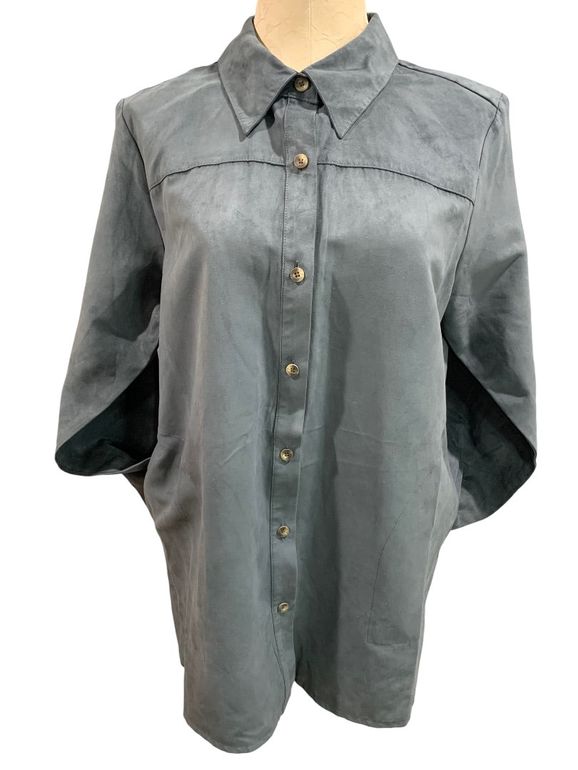 Medium Joan Rivers Button Up Faux Suede Blue Gray Tunic Blouse Women's