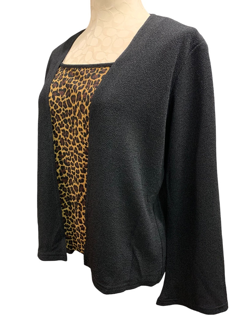 Large JKLA Women's 1980s Vintage Layered Look Pullover Top Black Leopard Print