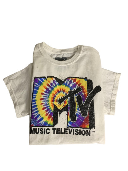 Small MTV Adult Unixex Tshirt Tie Dye Graffiti Logo White Short Sleeve