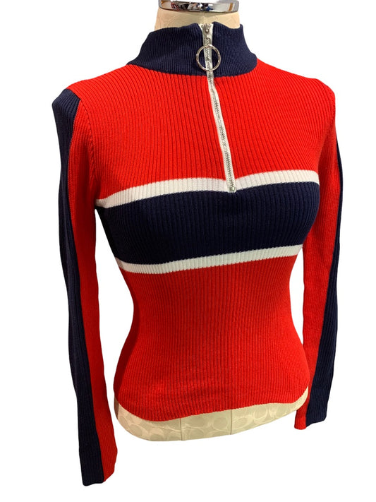 Small Trendy JS Women's Red Fitted 0-Ring Zip Mock Neck Sweater