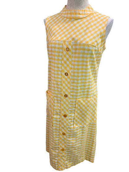 Day Dress Yellow Gingham 1960s House Dress Pockets Sleeveless