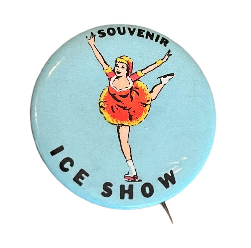 Vintage 1950s Souvenir Extended Pinback Ice Show Ice Skater Blue 1.75" Diameter