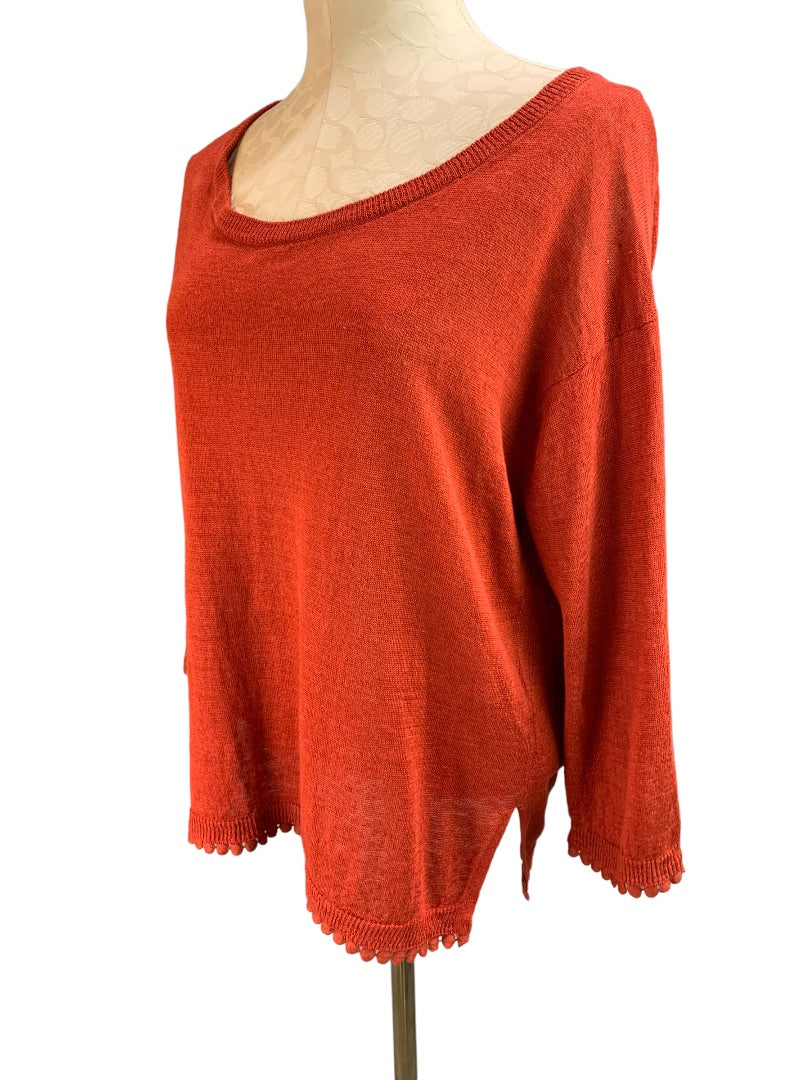 Small J.Crew Women's 100% Linen Sweater Reddish Orange G5362 Pom Pom Trim