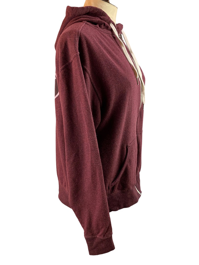 Medium "Maine Blue Hill" Women's Merlot Zip Up Hoodie Distressed Look