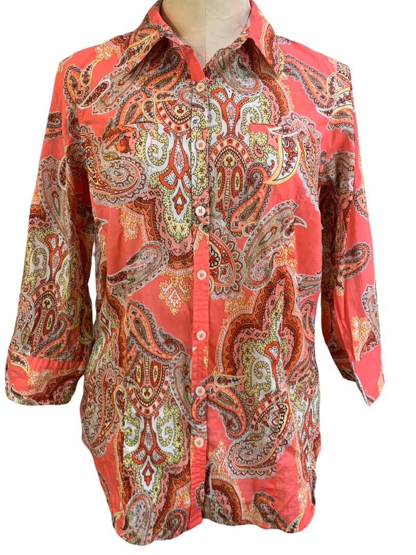 Medium Van Heusen Women's Coral Paisley Button Up 3/4 Sleeve Blouse