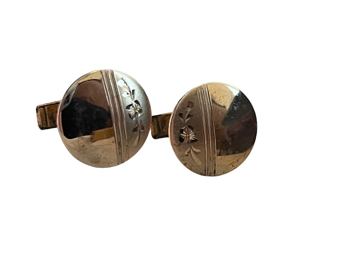 Vintage Gold Tone Floral Etched Round Cufflinks