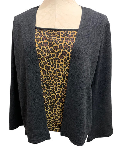 Large JKLA Women's 1980s Vintage Layered Look Pullover Top Black Leopard Print