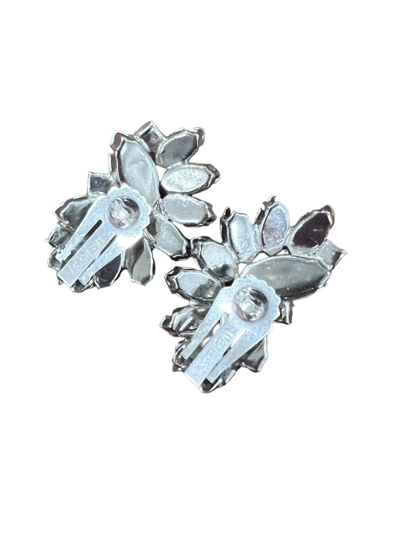 Weiss White Cabochon Rhinestone Clip On Earrings Silver Tone