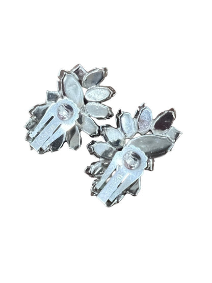 Weiss White Cabochon Rhinestone Clip On Earrings Silver Tone