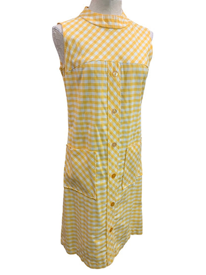 Day Dress Yellow Gingham 1960s House Dress Pockets Sleeveless