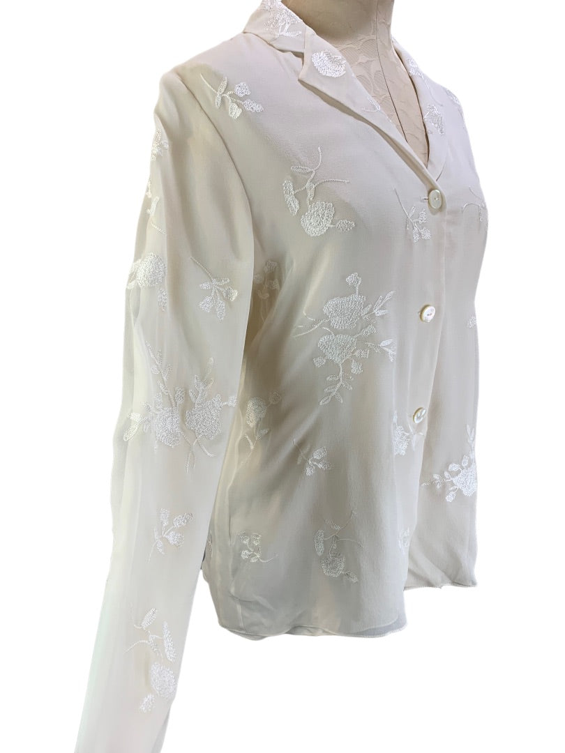 10 Jones New York Silk Ivory Embroidered Lined Blouse Women's Button Up