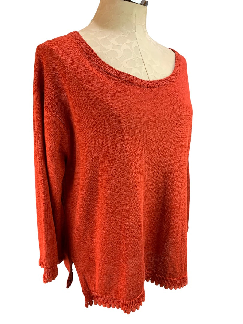 Small J.Crew Women's 100% Linen Sweater Reddish Orange G5362 Pom Pom Trim