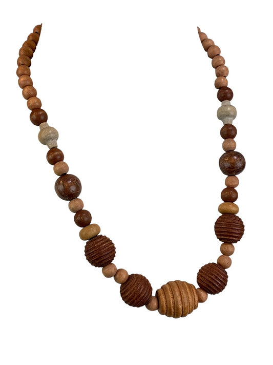 Vintage Wooden Graduated Bead Necklace Barrel Clasp Varied Colors Textures 23.5"