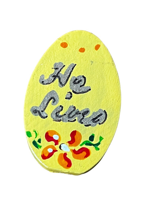 Handmade Painted Wooden Egg Brooch Easter He is Risen Pin 1.75" x 1"