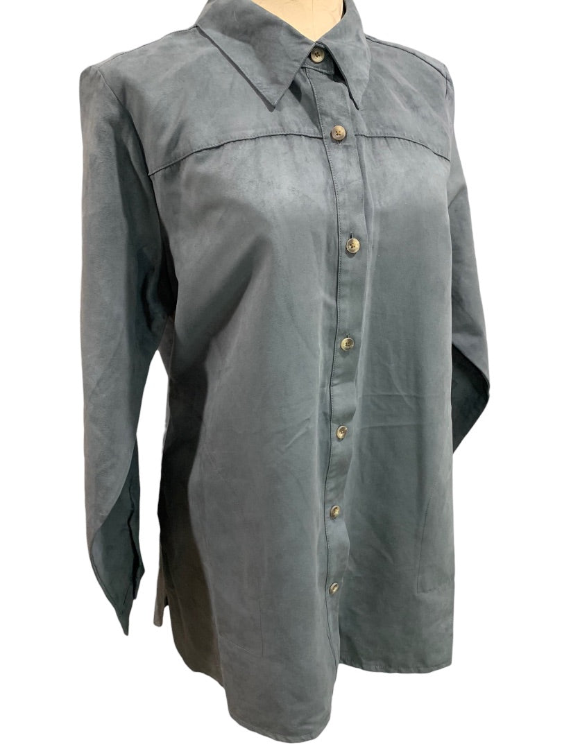 Medium Joan Rivers Button Up Faux Suede Blue Gray Tunic Blouse Women's