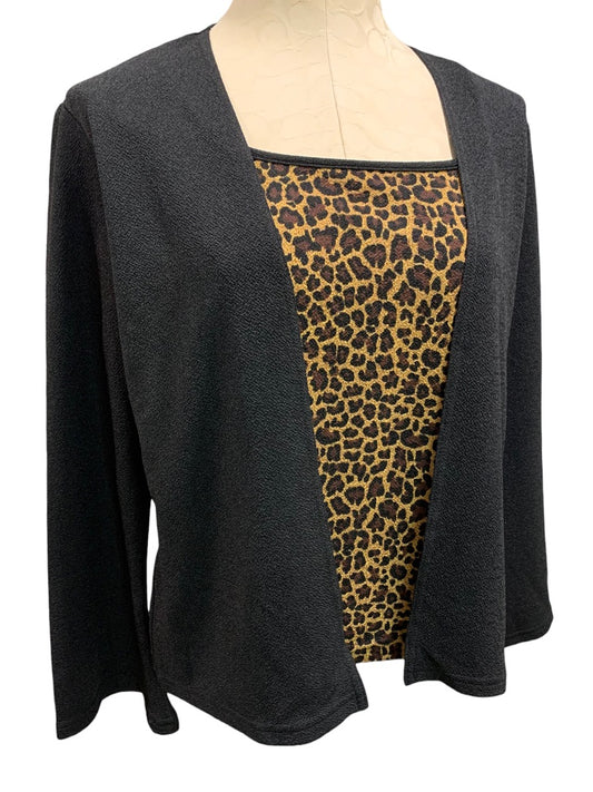 Large JKLA Women's 1980s Vintage Layered Look Pullover Top Black Leopard Print