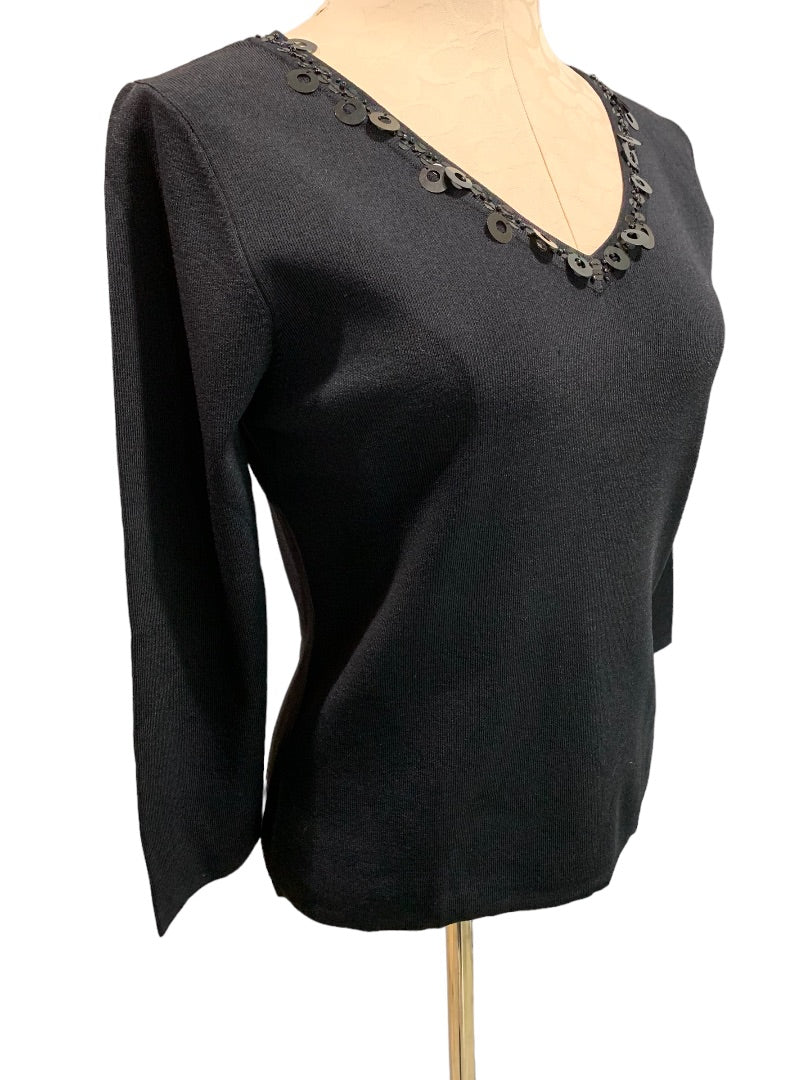 Large Versailles Women's Black V-Neck Embellished 3/4 Sleeve Pullover Top Travel Knit 1990s Vintage