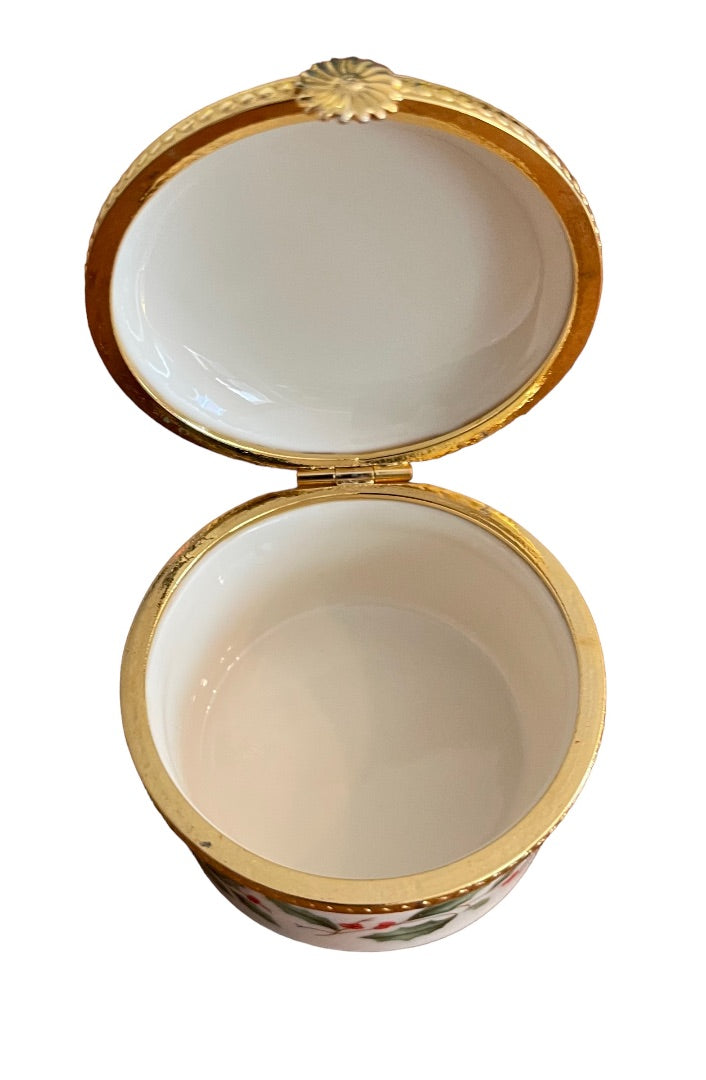 Lenox Porcelain Christmas Hinged Holly Berry Gold Trim Trinket Box