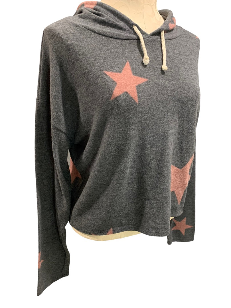 Medium Caution to the Wind Women's Gray Pink Pullover Hoodie Lightweight Star