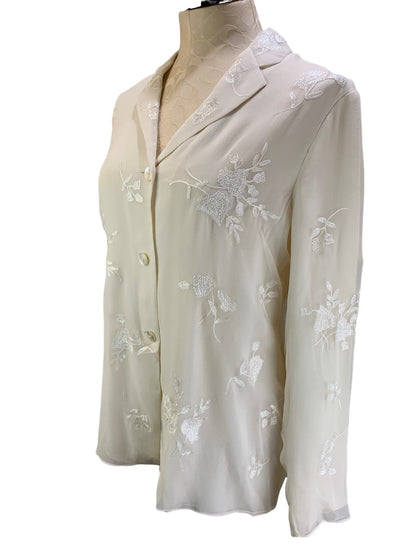 10 Jones New York Silk Ivory Embroidered Lined Blouse Women's Button Up