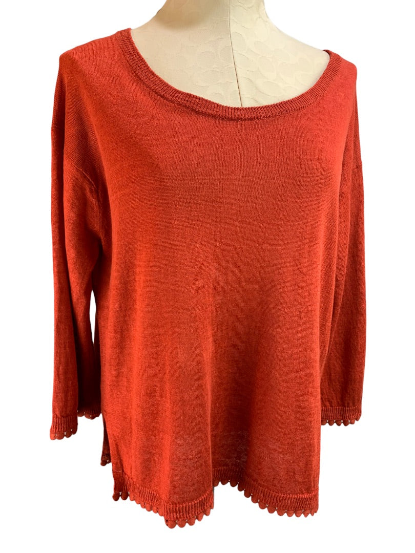 Small J.Crew Women's 100% Linen Sweater Reddish Orange G5362 Pom Pom Trim