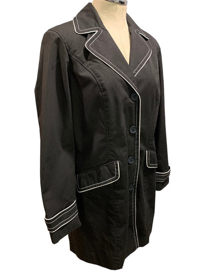 Medium Dennis by Dennis Basso Women's Black Trench Coat Jacket Scarf White Piping