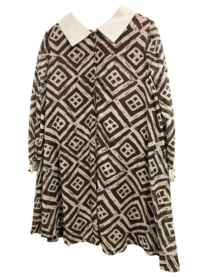 Vintage 1960s Brown White Shift Dress Sheer Overlay Swing Dress Geometric Pattern