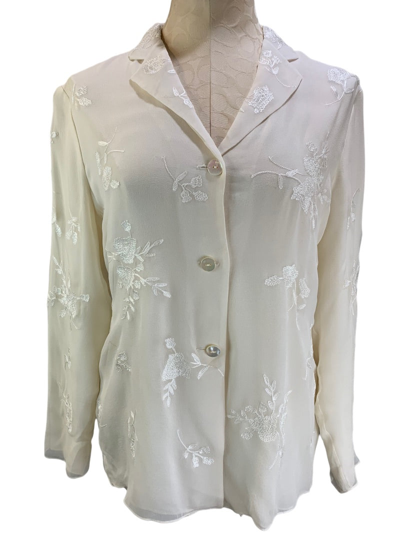 10 Jones New York Silk Ivory Embroidered Lined Blouse Women's Button Up