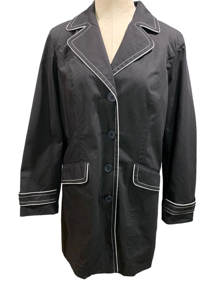 Medium Dennis by Dennis Basso Women's Black Trench Coat Jacket Scarf White Piping