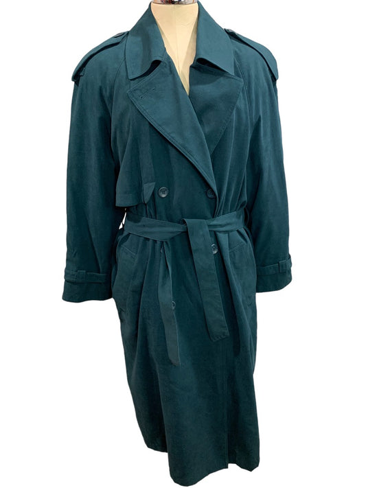 Size 9/10 Forecaster of Bostom 1990s Women's Emerald Green Belted Trench Overcoat Zip Out Lining Vintage