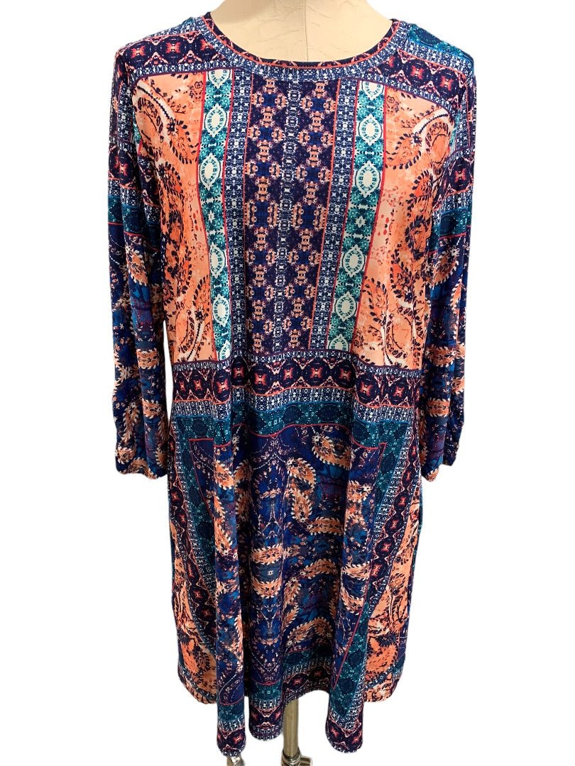 XL AGB Women's Retro Paisley Print Shift Pullover Dress Long Sleeve