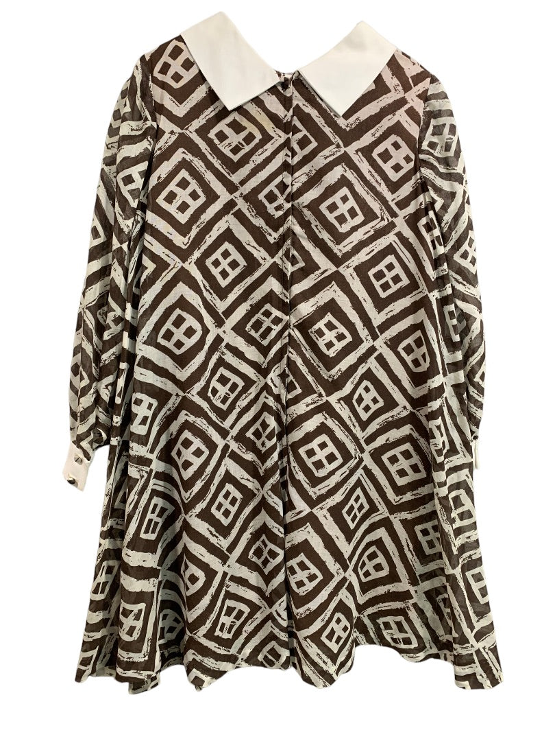 Vintage 1960s Brown White Shift Dress Sheer Overlay Swing Dress Geometric Pattern