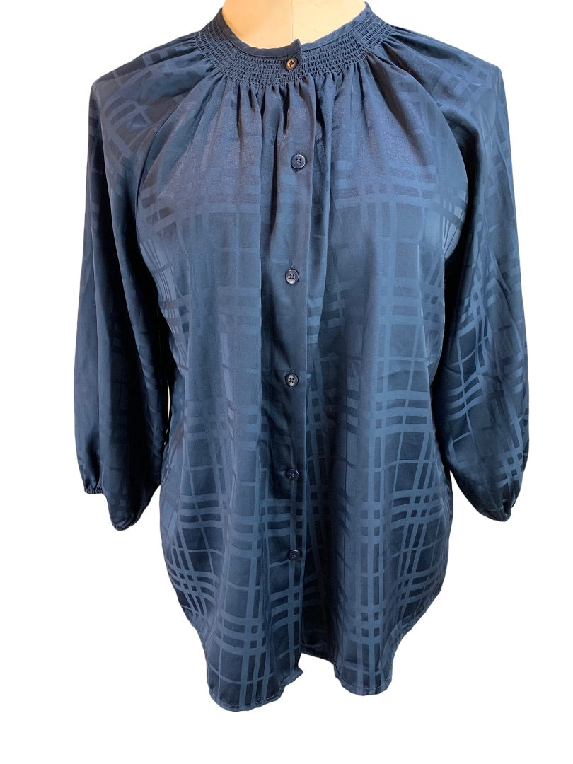 Medium Tucker for Target Navy Blue Women's Satin Plaid 3/4 Sleeve Blouse