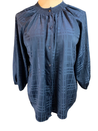 Medium Tucker for Target Navy Blue Women's Satin Plaid 3/4 Sleeve Blouse