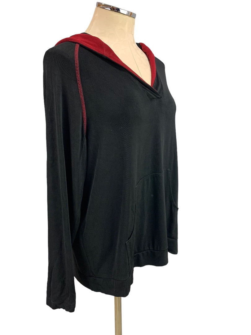 XL Chico's Travelers Women's Black Red Contrast Stitch Pull Over Hoodie Travel Knit